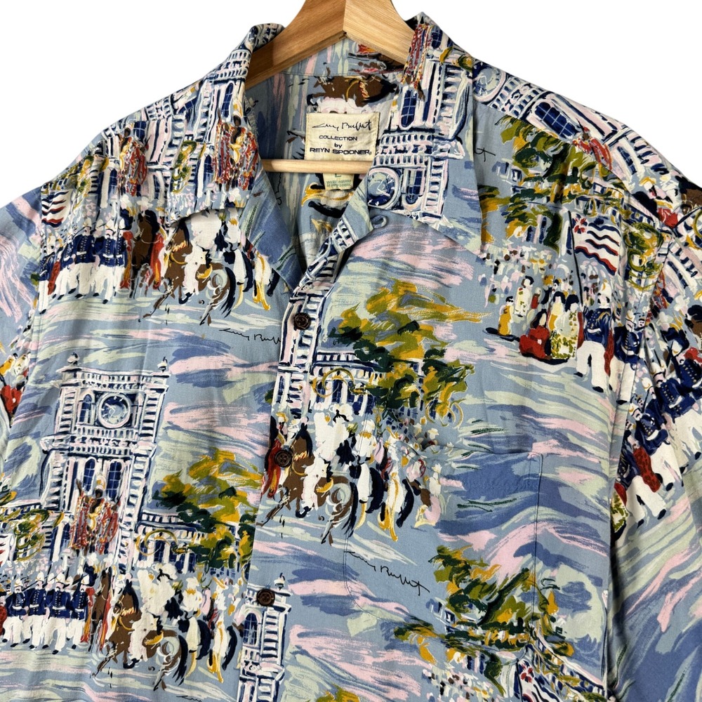 Reyn Spooner Guy Buffett Iolani Palace Rayon Hawaiian Aloha Shirt Large Blue